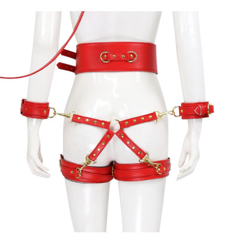 NAUGHTY TOYS red leather corset cuffs hog tie restraints 4pcs set - image 4