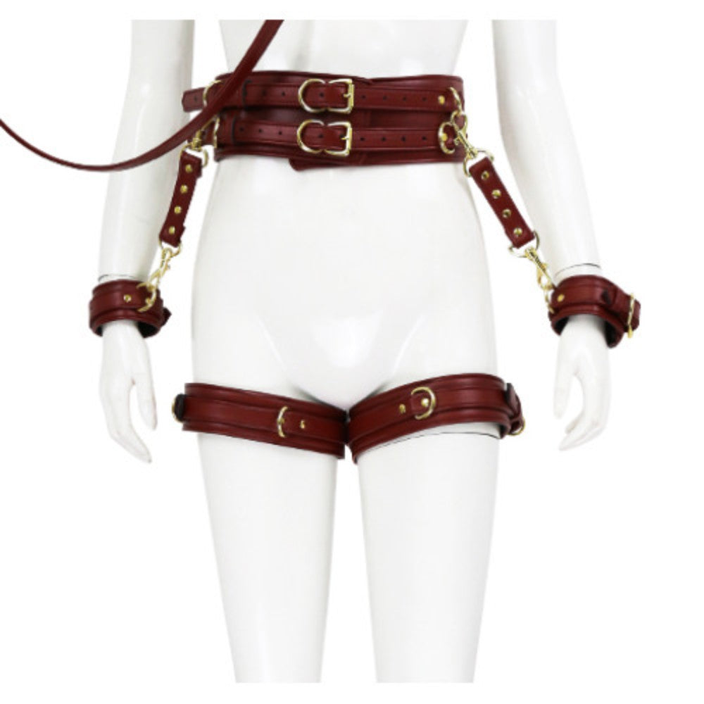 NAUGHTY TOYS wine red leather corset cuffs hog tie restraints 4pcs set - image 2