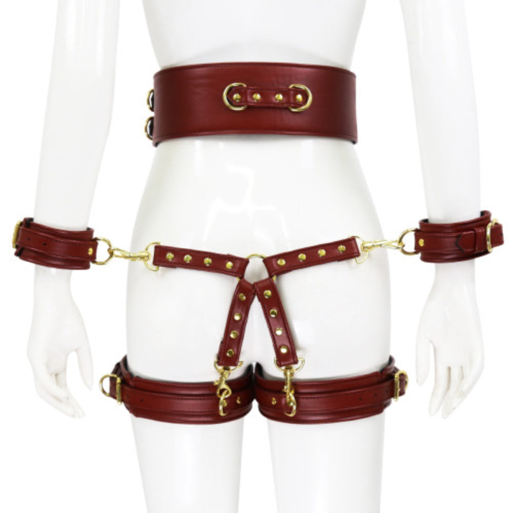 NAUGHTY TOYS wine red leather corset cuffs hog tie restraints 4pcs set - image 3