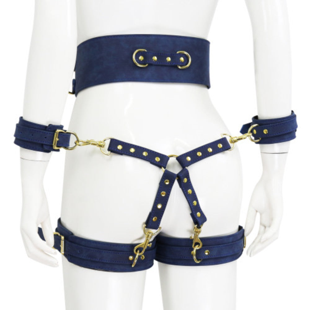NAUGHTY TOYS Tibet blue leather corset cuffs hog tie restraints 4pcs set Main image