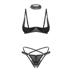 Plus Size Obsessive Donarella Half Bra Crotchless Thong and Choker BLACK