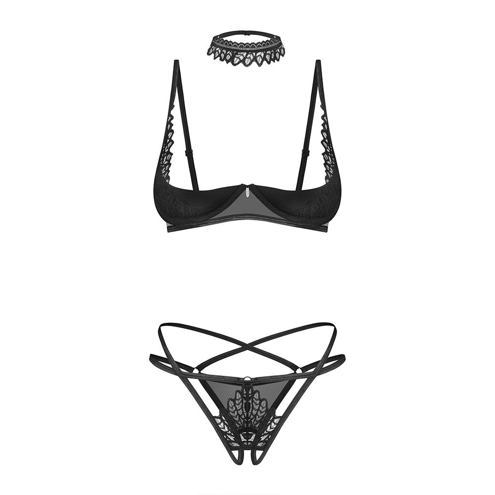 Plus Size Obsessive Donarella Half Bra Crotchless Thong and Choker BLACK Main image