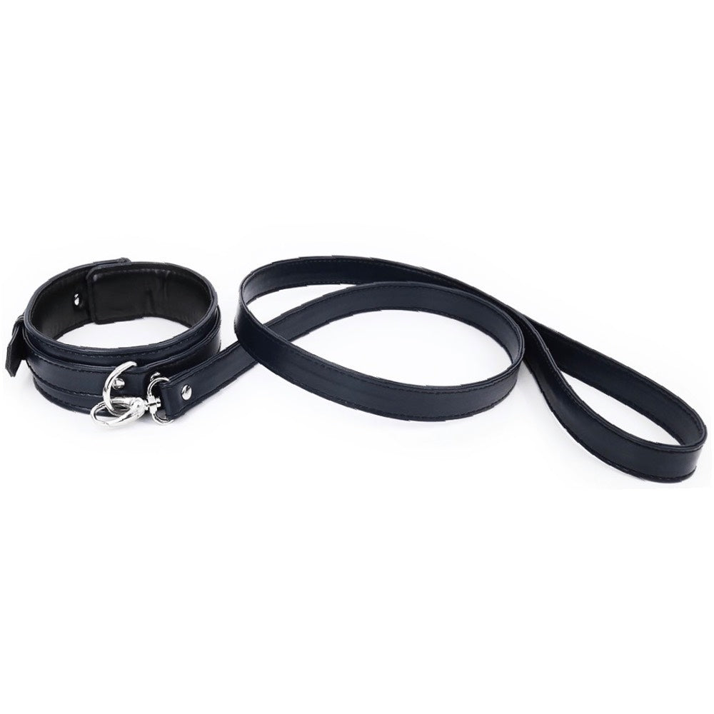 NAUGHTY TOYS fetish Dark BLUE leather collar with leash Δευτερεύουσα εικόνα προϊόντος