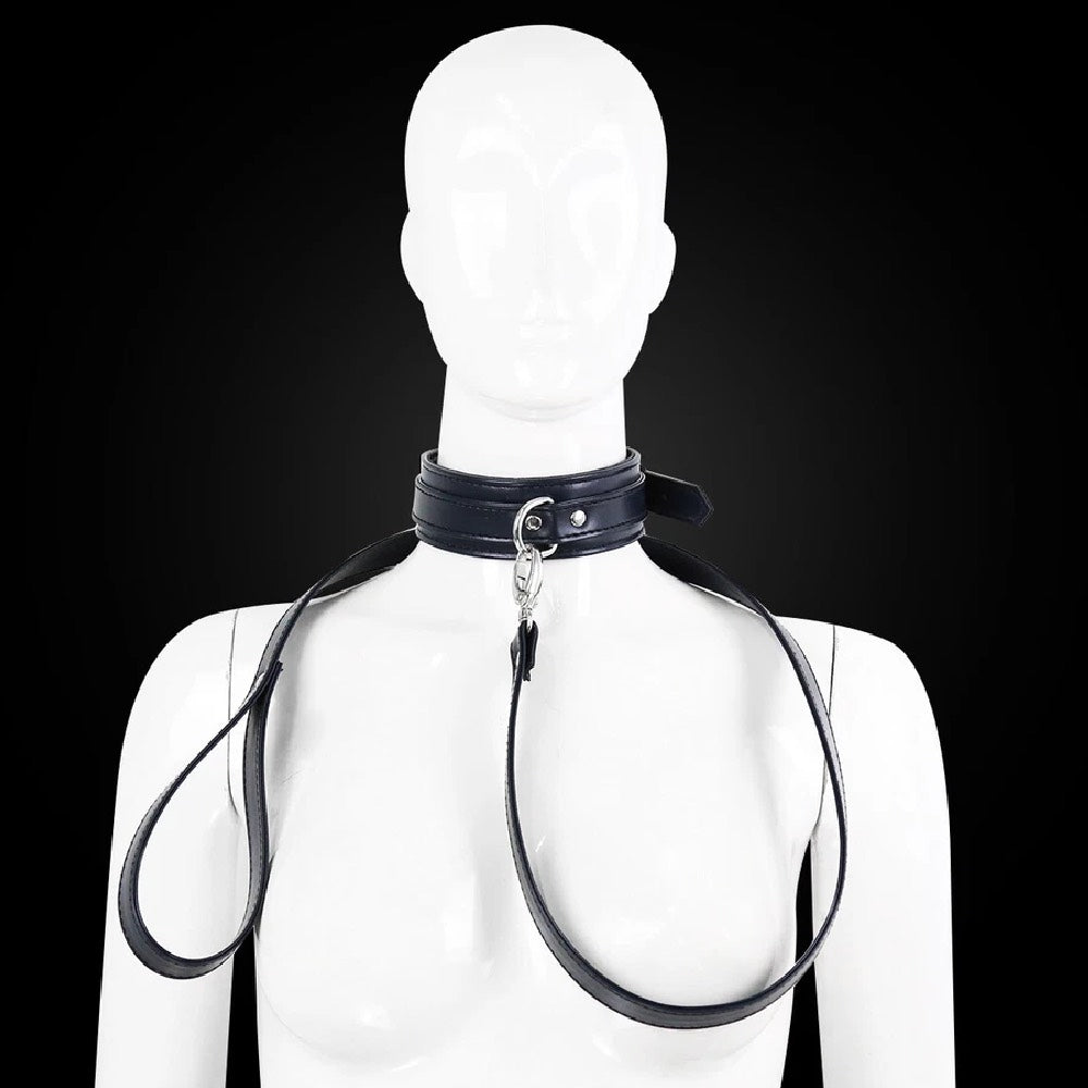 NAUGHTY TOYS fetish Dark BLUE leather collar with leash Κύρια εικόνα προϊόντος