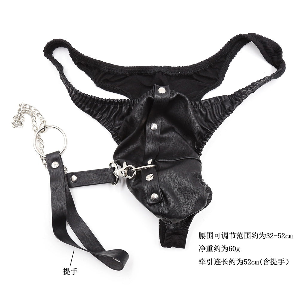 Male leather briefs with detachable chain leash - image 5