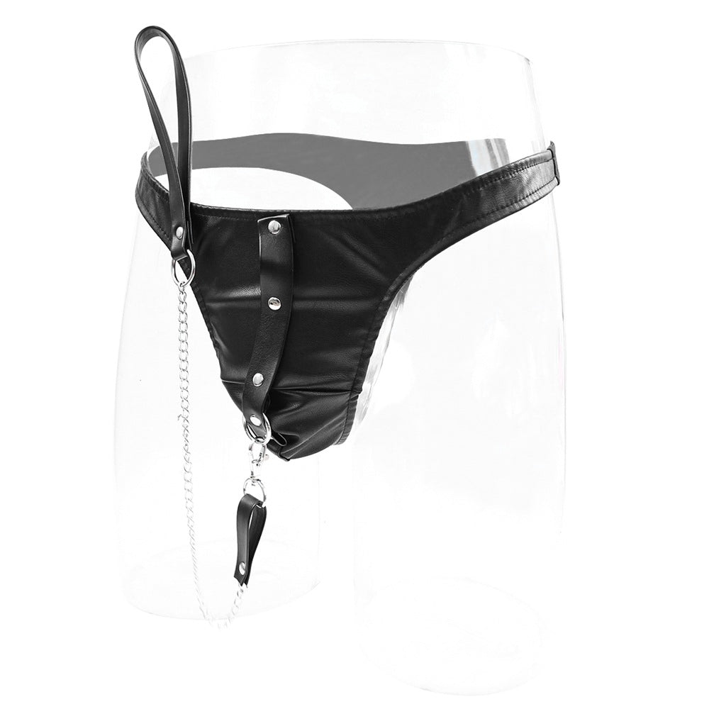 Male leather briefs with detachable chain leash - image 2
