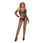 Alluring Black Fishnet Bodysuit with Long Sleeves O/S