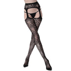 Black Floral Lace-Pattern Garter Stockings O/S - image 2