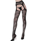 Black Floral Lace-Pattern Garter Stockings O/S - image 4