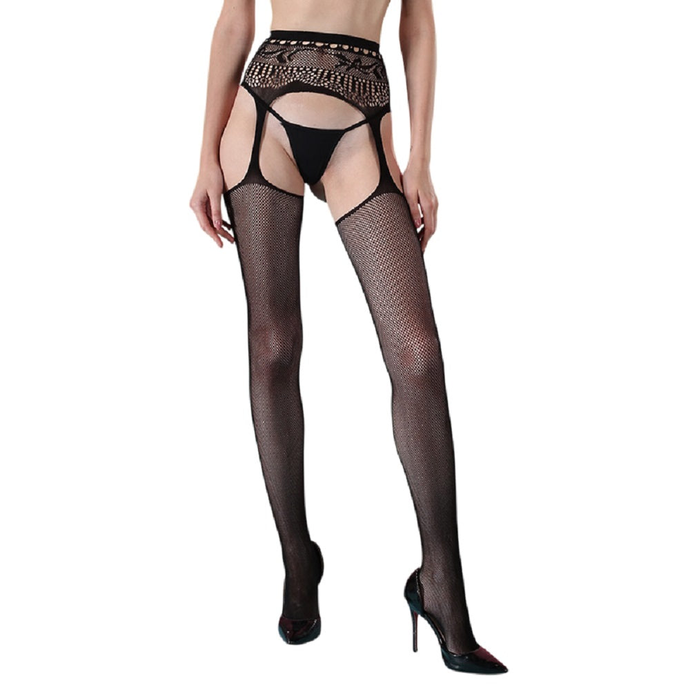 Black Lace Fishnet Garter Stockings O/S - image 3