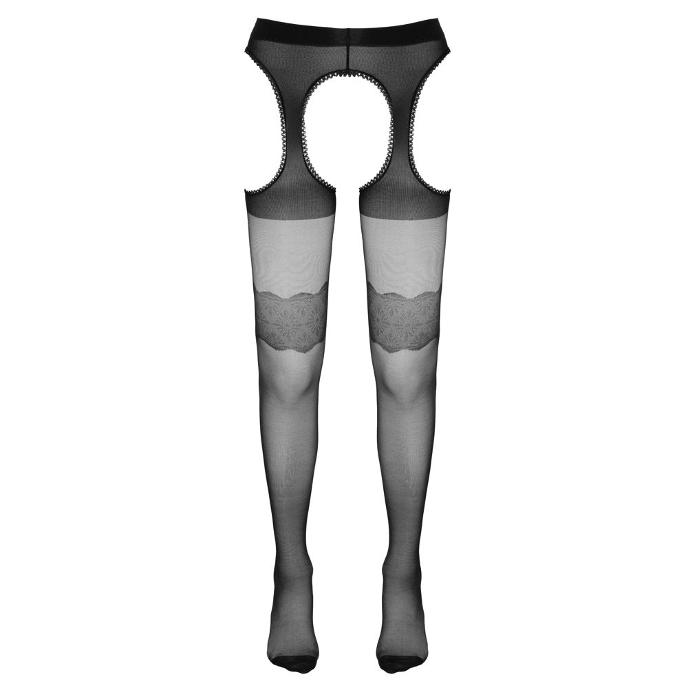 Crotchless black tights with sewn on garters Main image
