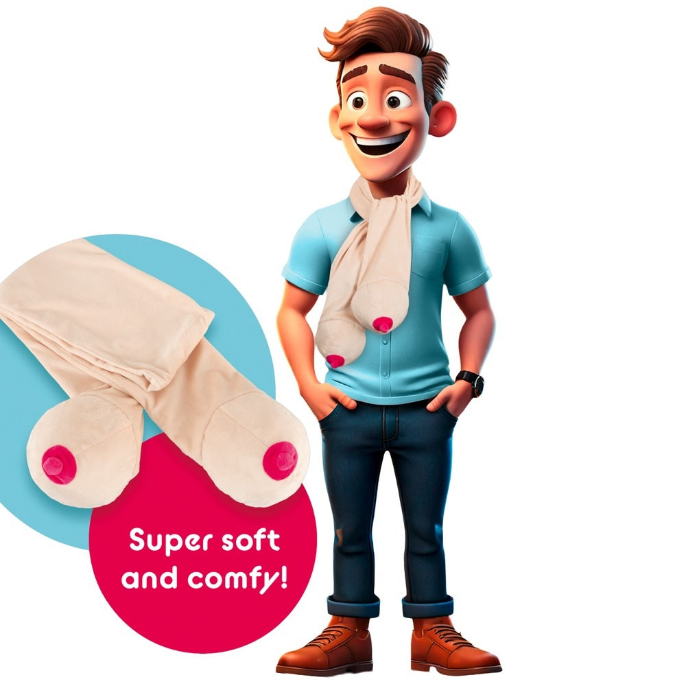 Plush boob scarf with a pink nipple at either end