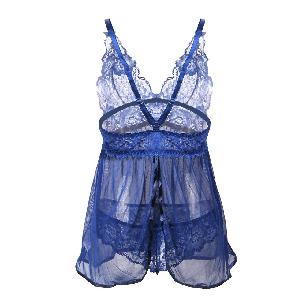 Plus Size Sophisticated Mesh Chemise with String Blue