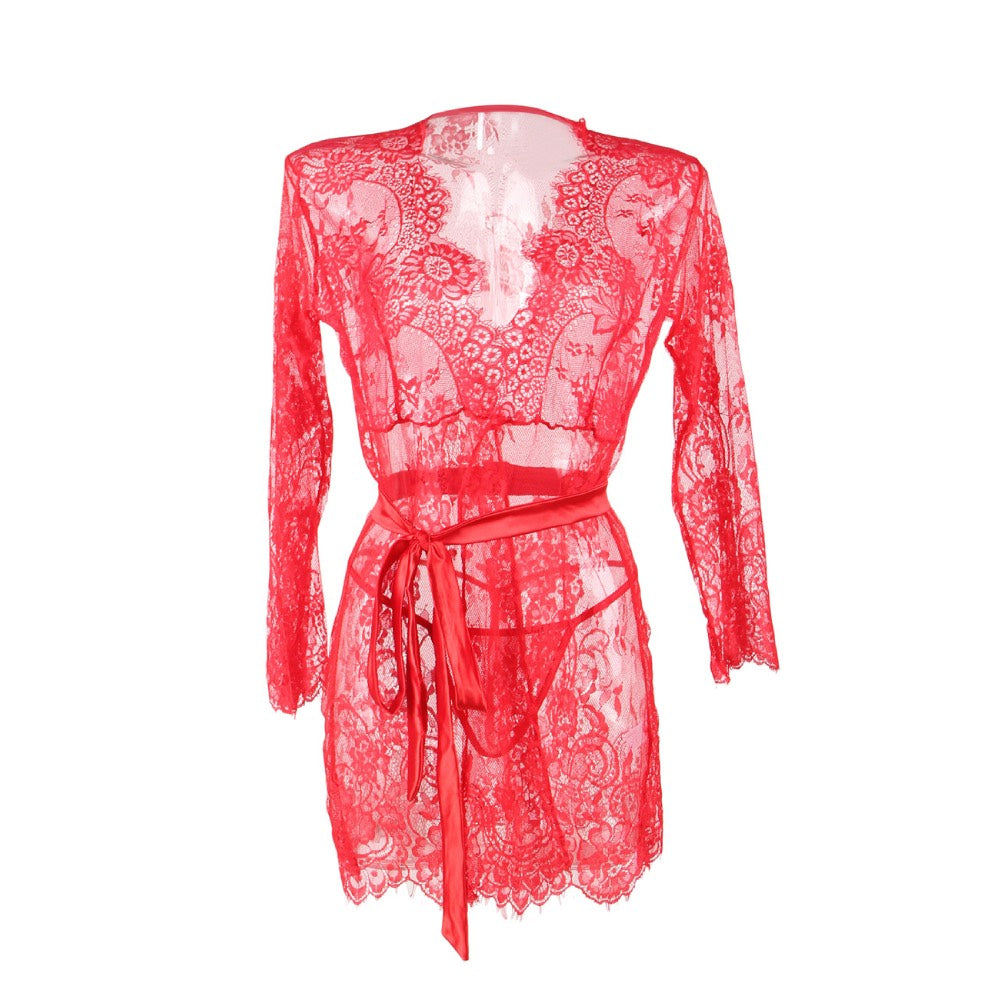 Floral Lace Kimono with String Red - image 5