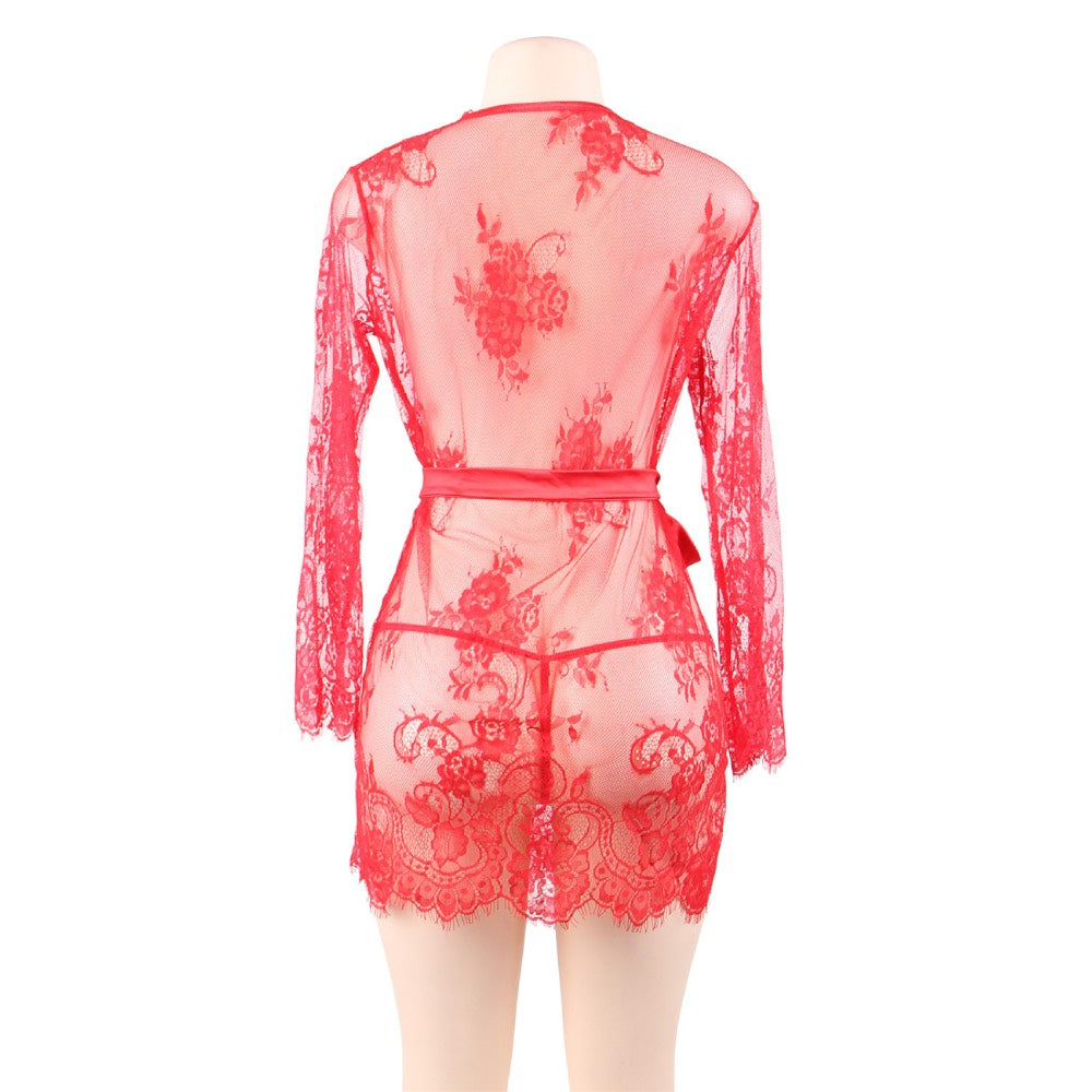 Floral Lace Kimono with String Red - image 7