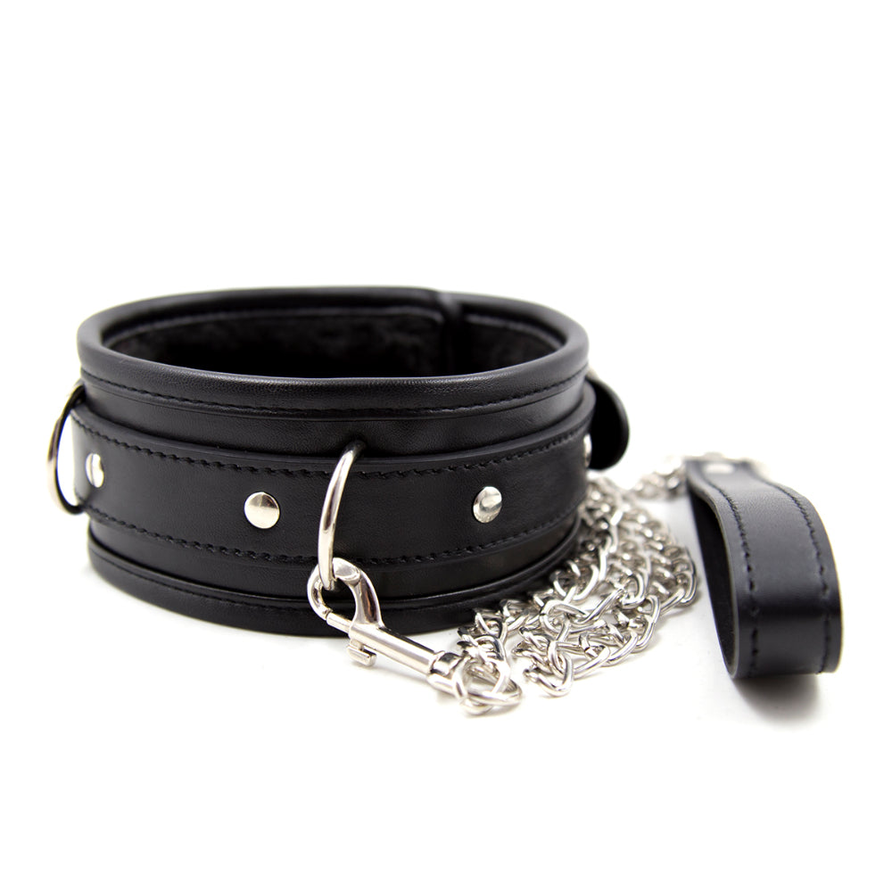 Heavy duty Black leather Collar with metallic Leash