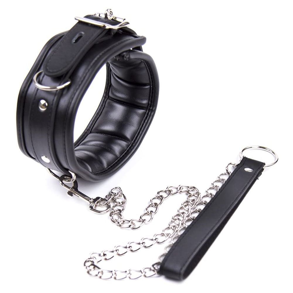 Heavy duty Black leather Collar with metallic Leash - image 4