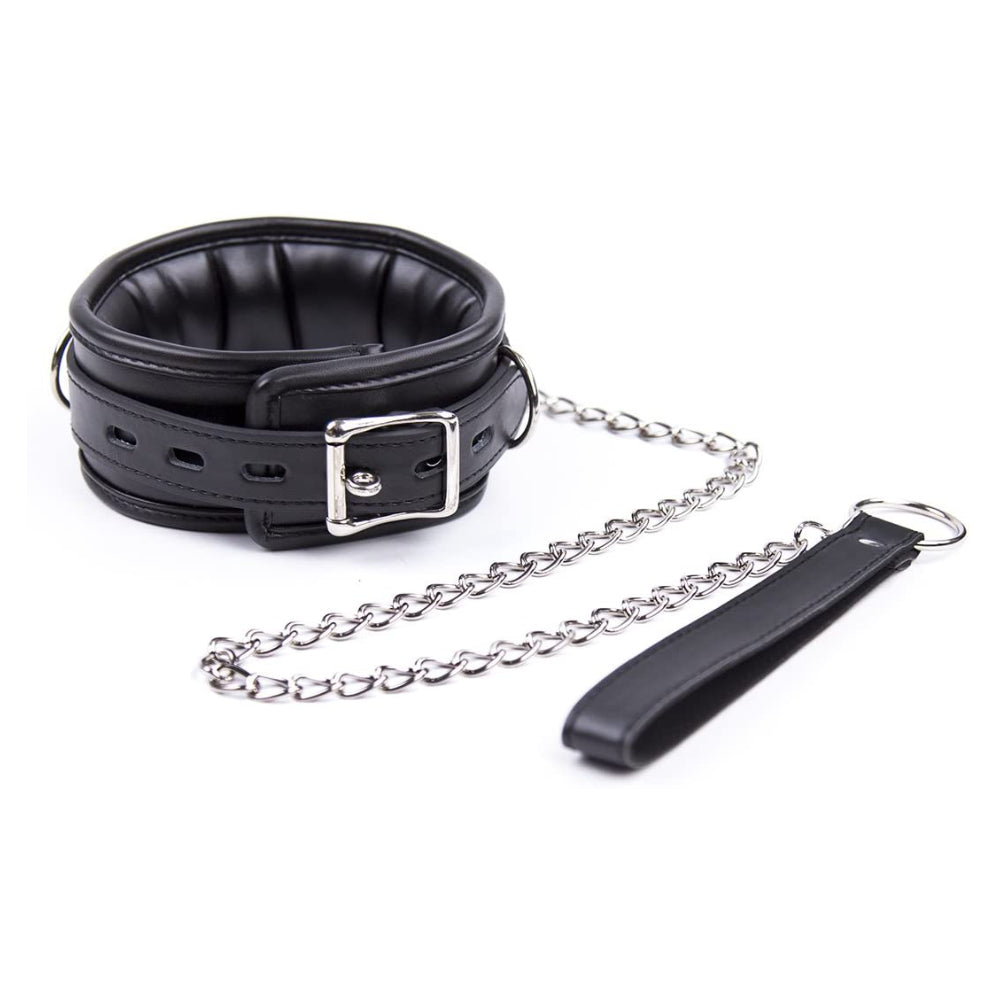 Heavy duty Black leather Collar with metallic Leash - image 3