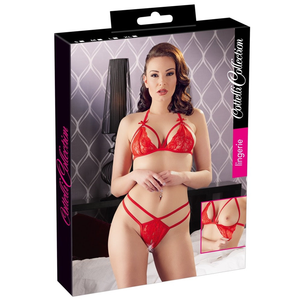 Floral Lace Peekaboo Bra with String Red