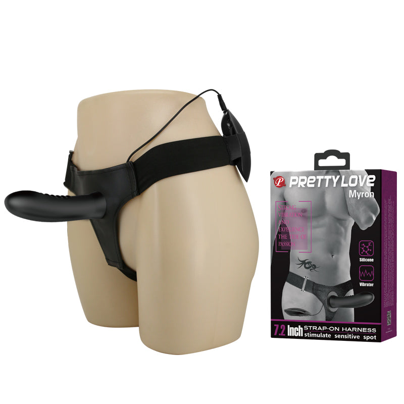 Strap-on harness MYRON with vibration silicone black dildo 18cm Κύρια εικόνα προϊόντος