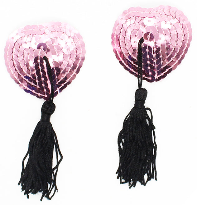 Naughty Toys Pink Heart Burlesque Sequin Nipple Black Tassels